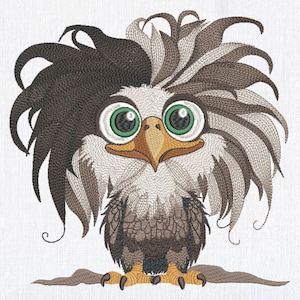 Może przedstawiać: Kreskówkowy ptak z dużymi zielonymi oczami i brązowo-białą głową pokrytą piórami. Ptak ma brązowy dziób i stoi na gałęzi.