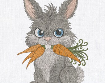 Angry Bunny Embroidery Design: Fluffy Hare with Carrots (Instant Download, 6 Sizes)