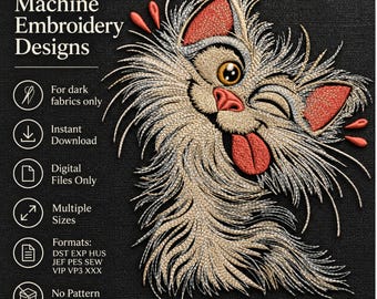 Funny Winking Cat Machine Embroidery Design, Crazy Kitty Pattern, Digital Download File Only on black fabric.