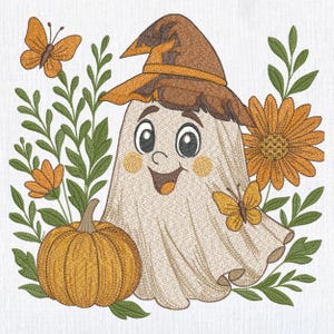 May include: Embroidered design featuring a friendly ghost wearing a brown witch hat, surrounded by orange flowers, butterflies, a pumpkin, and green foliage. The ghost has rosy cheeks and a smiling expression, perfect for Halloween or fall decor.