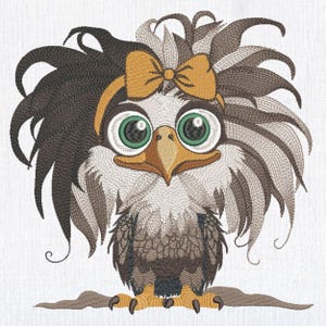 May include: A cartoon eagle with brown and gray feathers, large green eyes, and a yellow bow. The eagle is standing on a brown surface.