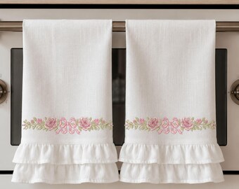 Roze roos boog keukenhanddoek bloemen rand Machine borduurwerk ontwerp digitaal downloadbestand