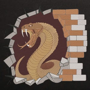 May include: A brown snake with a yellow pattern is breaking through a brick wall. The snake is coiled and has its mouth open, showing its fangs. The brick wall is broken and has a dark red background.