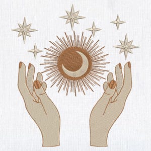 May include: Two hands with outstretched fingers holding a sun with a crescent moon inside. The sun is surrounded by a ring of rays. There are several small stars around the sun and hands.