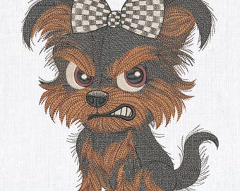 Grumpy Yorkie Machine Embroidery Design: Fierce Cartoon Puppy (8 Sizes)