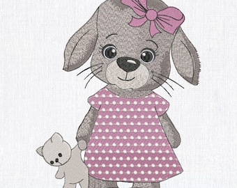 Bunny Girl Embroidery Design: Cartoon Rabbit with Teddy (8 Sizes) (Instant Download)