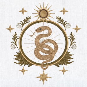 May include: A gold embroidered design featuring a snake coiled within a circle, surrounded by stars and stylized floral elements. The design is reminiscent of a celestial or astrological motif.