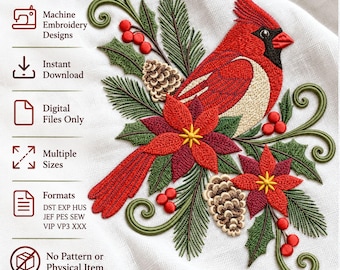 Christmas Cardinal Poinsettia Pinecone Machine Embroidery Design Traditional Botanical Digital Download File
