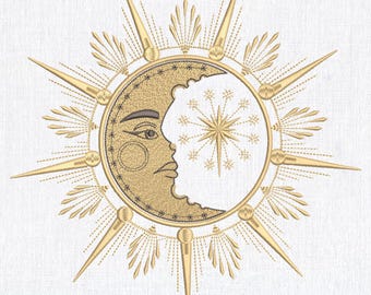 Könnte beinhalten: Ein goldfarben gesticktes Design eines Halbmondes mit einem stilisierten Gesicht und einem Sternenausbruch im Inneren. Der Mond ist von einem Kreis aus strahlenden Punkten umgeben.