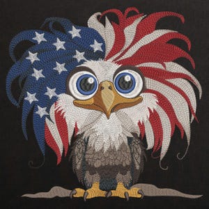 Funy Cute Patriotic Bald Eagle with Stars Machine Embroidery design, Cartoon USA Eagle File, American Freedom Bird Pattern 6 sizes