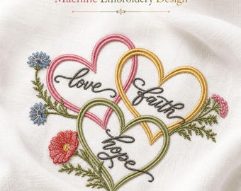Love Faith Hope bloemen harten machine borduurwerk ontwerp digitaal downloadbestand