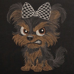 Funny Grumpy Cartoon Yorkie Dog with Big Eyes and Bow Machine Embroidery design, Angry Terrier Pup Pattern only for black fabric 8 Sizes