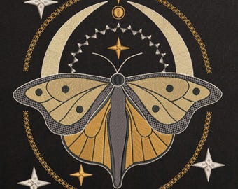 Celestial Moth Embroidery Design: Mystic Stars, Moon (Digital File)