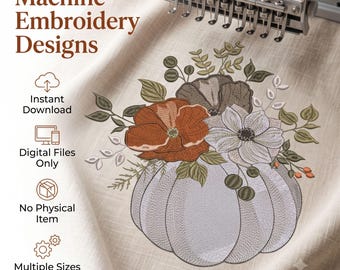 White Pumpkin Floral Machine Embroidery Design Elegant Fall Botanical Digital Download File
