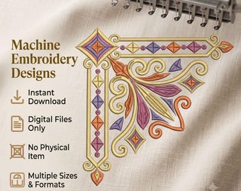 Boho Geometric Corner Ornament Machine Embroidery Design Colorful Diamond And Scrollwork Digital Download File