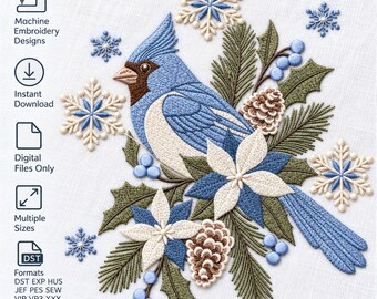 Blue Jay Winter Floral Machine Embroidery Design Christmas Snowflake Digital Download File