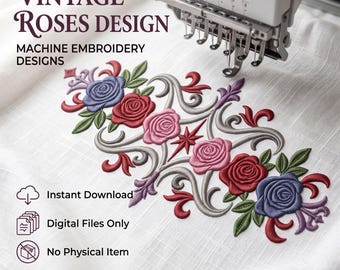 Ornate Rose Border Floral Scrollwork Machine Embroidery Design Symmetrical Flower Scrollwork Digital Download File