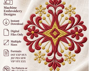 クリスマススターのミシン刺繍デザイン、お祝いの雪の結晶オーナメント、デジタルダウンロードファイル