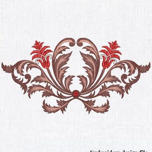 May include: An ornate embroidery design featuring a symmetrical floral pattern in shades of brown and red. The design includes stylized leaves and flowers, with a central red accent. Text at the bottom reads "Embroidery design file Instant download".
