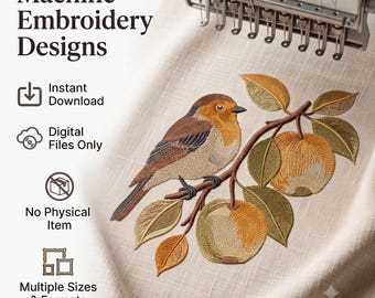 Autumn Robin Apple Branch Machine Embroidery Design Cottage Orchard Songbird Digital Download File
