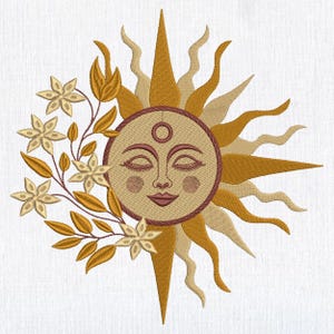 Puede incluir: Diseño bordado de un sol estilizado con una cara sonriente y los ojos cerrados, rodeado de una corona de flores y hojas amarillas.