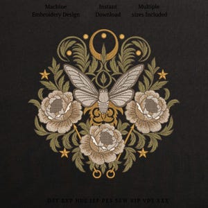 May include: Machine embroidery design featuring a central cicada with detailed wings, surrounded by floral elements and stars. The design includes the text "Machine Embroidery Design", "Instant Download", and "Multiple sizes Included". The color palette includes beige, gold, and green on a black background.