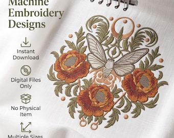 Floral Moth Celestial Botanical Machine Embroidery Design Cottagecore Moth Botanical Digital Download File