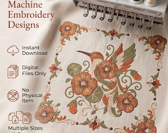 Hummingbird Floral Frame Autumn Machine Embroidery Design Ornate Bird And Flower Digital Download File