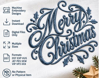 Merry Christmas Script Holly Machine Embroidery Design Elegant Holiday Calligraphy Digital Download File