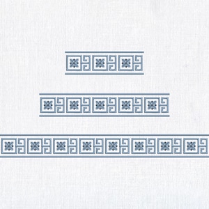 May include: Three blue and white decorative border designs. Each border features a repeating pattern of squares and floral elements. The borders are arranged vertically on a white background, with the largest at the bottom.