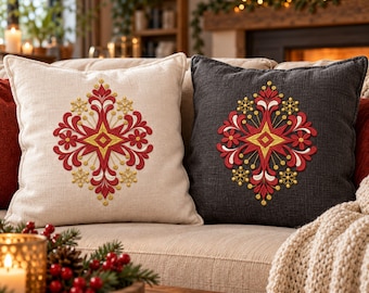 クリスマス枕カバー用ミシン刺繍デザイン、冬用寝具フローラルスター、デジタルダウンロードファイル