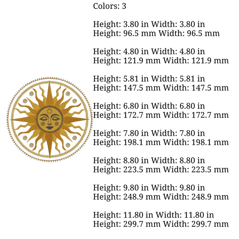 May include: Embroidered sun design with a face, in gold and cream colors. The sun has rays and is surrounded by a circular border. Available in various sizes, from 3.80 inches to 11.80 inches in height.