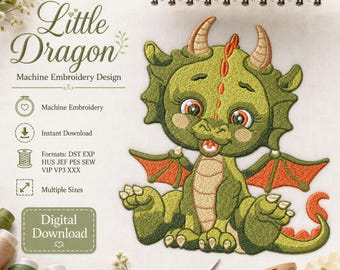 Schattige baby draak kinderen machine borduurwerk ontwerp digitaal downloadbestand