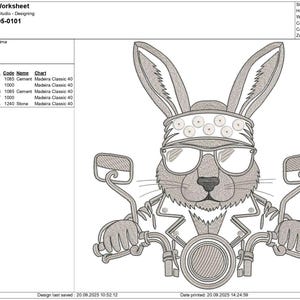 May include: An embroidered design featuring a rabbit wearing sunglasses, a bandana, and a leather jacket, riding a motorcycle. The design is in shades of gray and black, with the text "13x20-05-0101" at the top. The design is 13.00 inches high and 12.07 inches wide.