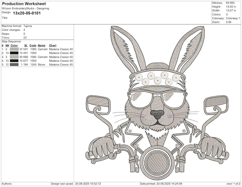 May include: An embroidered design featuring a rabbit wearing sunglasses, a bandana, and a leather jacket, riding a motorcycle. The design is in shades of gray and black, with the text "13x20-05-0101" at the top. The design is 13.00 inches high and 12.07 inches wide.