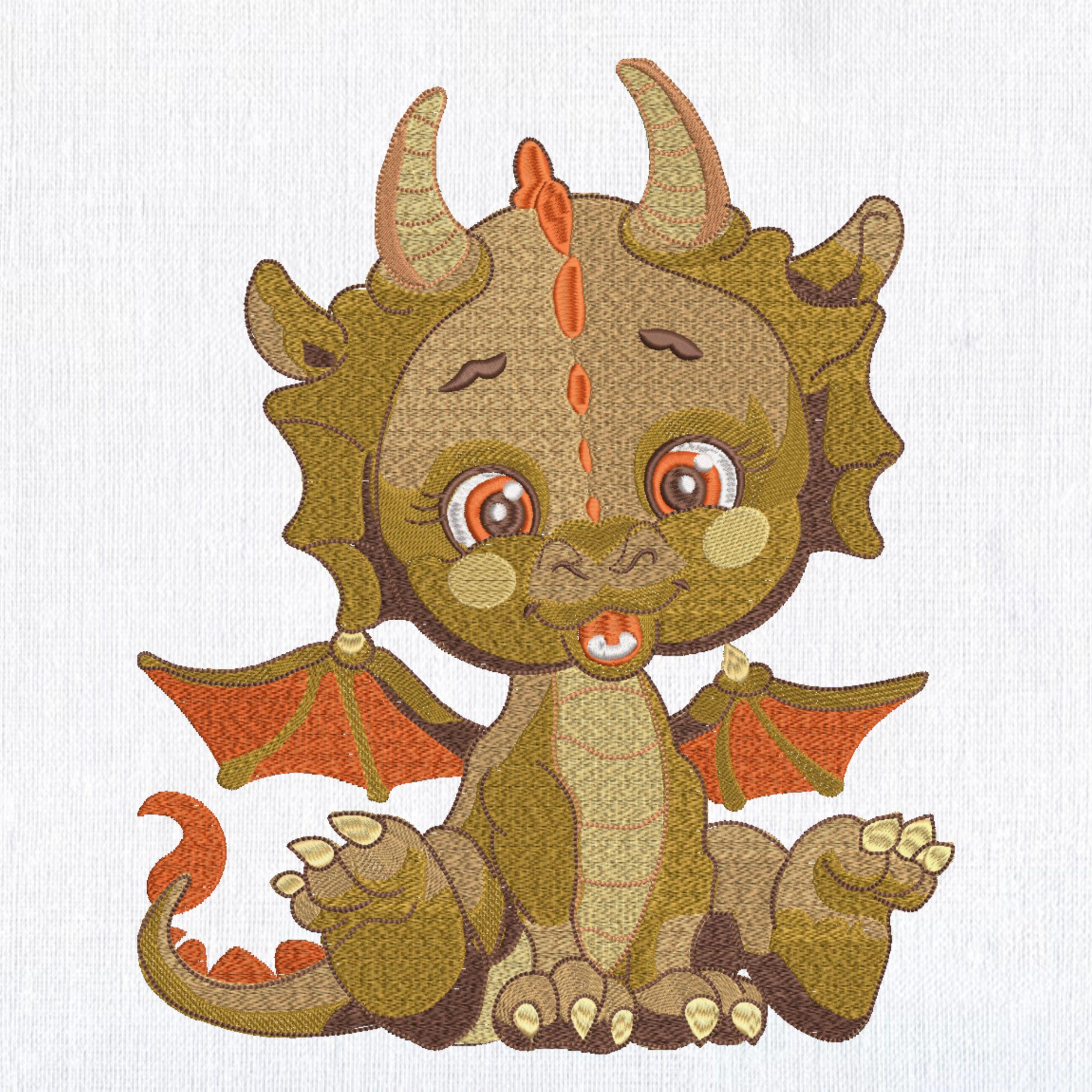 Lindo diseño de bordado a máquina de bebé dragón de dibujos animados, divertido archivo de bordado de dragón para niños, patrón de bordado de criatura animal mítica en 8 tamaños