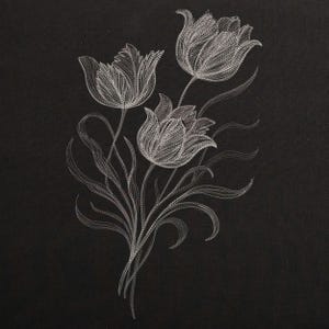 May include: A detailed, white line drawing of three tulips on a black background. The flowers are in various stages of bloom, with intricate detailing in the petals and stems. The artwork has a delicate, elegant feel.