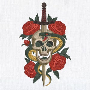 May include: A skull with a snake wrapped around it, pierced by a dagger. The skull is surrounded by red roses and green leaves.