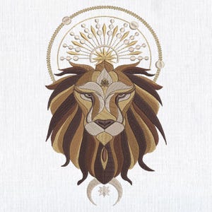 魔法のライオンヘッド機械刺繍デザイン、雄大なライオンフェイズ刺繍ファイル、神秘的な威厳のあるワイルドキャット刺繍パターン 8 サイズ
