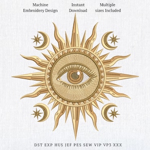 Celestial Sun Moon Eye Machine Embroidery Design Mystic Boho Astrology 8 Sizes Instant Download
