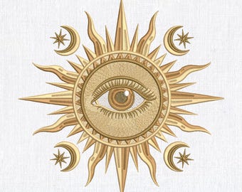 Celestial Sun Moon Eye Machine Embroidery Design Mystic Boho Astrology 8 Sizes Instant Download