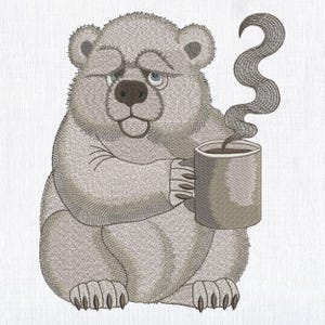 Sleepy Grumpy Polar Bear Machine Embroidery Design, Lazy Bear Embroidery File, Grumpy Coffee animals Lover Embroidery Pattern 8 Sizes