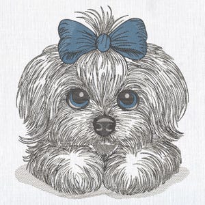 Cute Fluffy Puppy Maltese Machine Embroidery design, Maltese Dog face & Bow File for T-shirts, Pillow, Towels, Bag. 6 sizes Instant Download