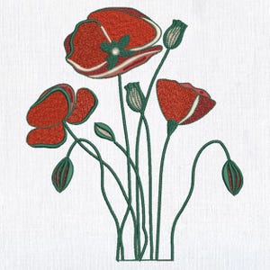 Spring Red Poppy Flowers Machine Embroidery design, Floral, Botanical Embroidery File, Pes embroidery pattern. 8 Sizes Instant download