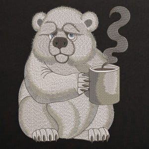 Sleepy Grumpy Polar Bear Machine Embroidery Design, Lazy Bear Embroidery File, Grumpy Coffee animals Lover Embroidery Pattern 8 Sizes