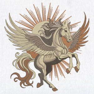 Könnte beinhalten: Ein geflügeltes Pferd mit brauner Mähne und Schwanz, das vor einem Sonnenstrahl mit orangefarbenen Strahlen steht. Das Pferd ist weiß mit braunen Akzenten und hat große, gefiederte Flügel.