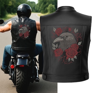May include: Black leather vest featuring a detailed embroidered design of a raven surrounded by red roses. The vest is sleeveless with a classic collar and a button closure. The raven and rose design is centered on the back of the vest.