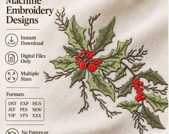 Christmas Holly Machine Embroidery Design With Red Berries, Festive Botanical Pattern, Digital Download File