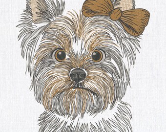 Könnte beinhalten: Gesticktes Porträt eines Yorkshire Terriers mit braun-grauem Fell, großen braunen Augen und einer braunen Schleife. Das Gesicht des Hundes ist zentriert, mit detaillierten Stichen, die einen strukturierten Effekt auf weißem Hintergrund erzeugen.