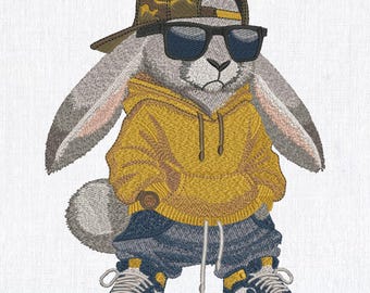 Diseño de bordado a máquina de conejo genial, archivo de bordado de conejo de hip hop, patrón de bordado de conejo de ropa urbana, 8 tamaños, descarga instantánea
